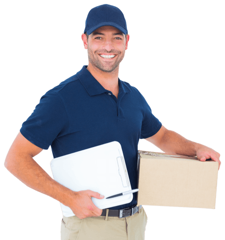 Smiling Delivery Driver with Clipboard and Box Transparent Background - Download Free Stock Videos Pikwizard.com