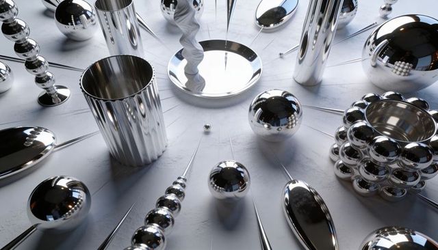 Radiating chrome spheres and tubular rods circling tiny central bead on reflective tabletop