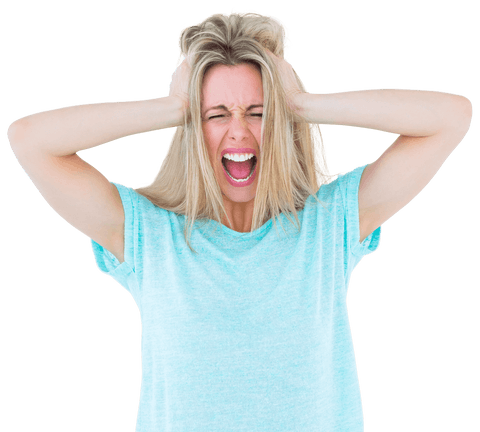 Frustrated Blonde Woman in Blue Shirt Screaming Transparent Background