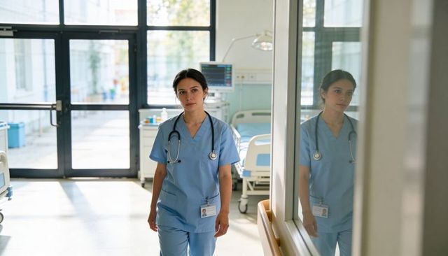 Walking nurse in modern hospital corridor with reflection, blue scrubs and stethoscope