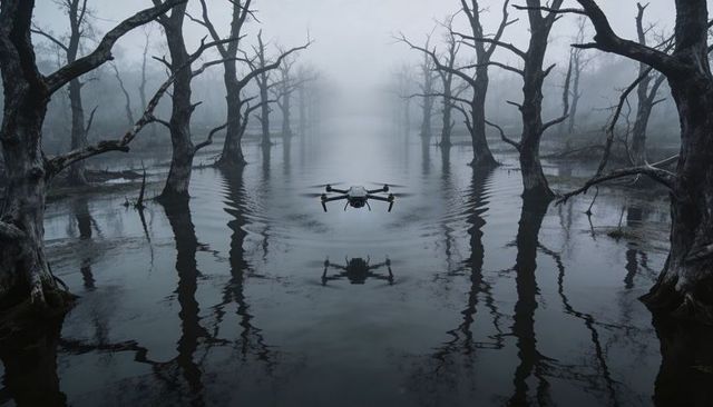 Drone hovering over foggy swamp water reflecting leafless trees, moody cinematic aerial