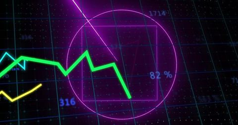 Displaying neon line chart crossing futuristic HUD grid with glowing magenta 82% gauge