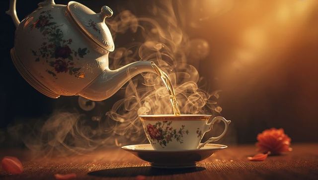 Steaming Tea Pouring from Floral Teapot into Elegant Cup