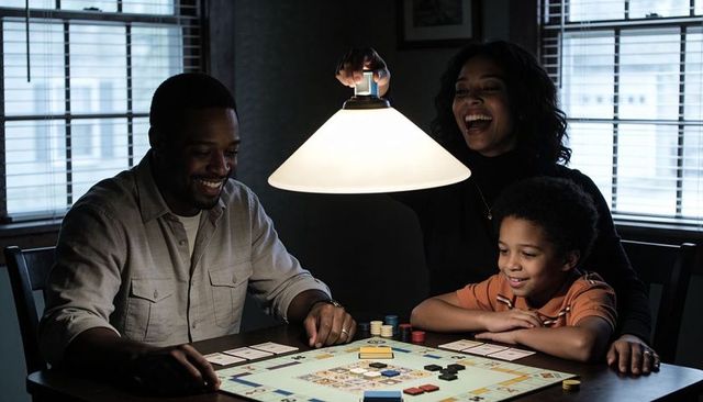 Family enjoying cozy board game night under warm pendant light