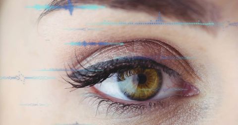 Close-up of human eye with digital data interfaces
