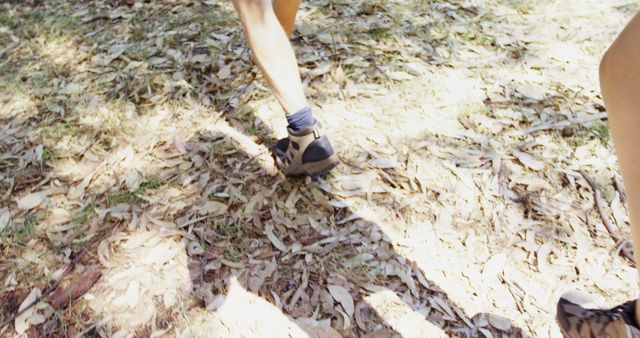 Hiking Feet on Leaf Covered Forest Ground on Sunny Day - Download Free Stock Images Pikwizard.com