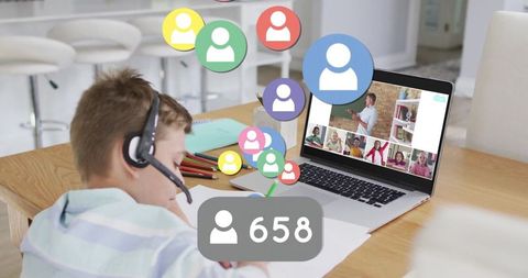 Child Engaged in Online Learning with Headset at Home