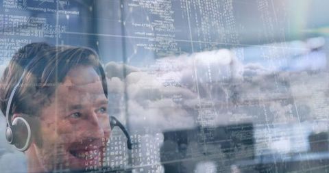 Smiling businessman using headset with digital interface overlay