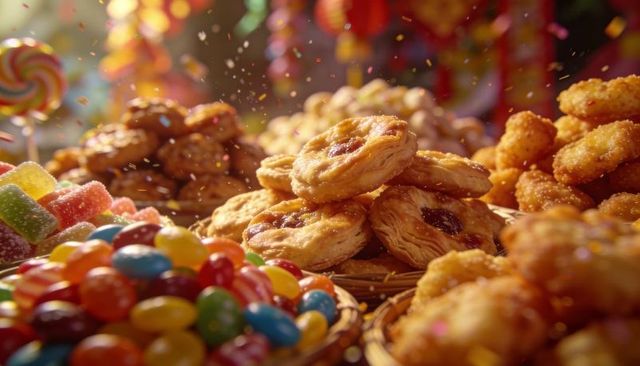 Stacked jam-filled puff pastries glowing among colorful candy and falling sprinkles