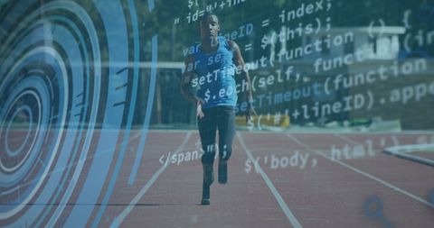 Athlete with prosthetic leg running amid digital interface