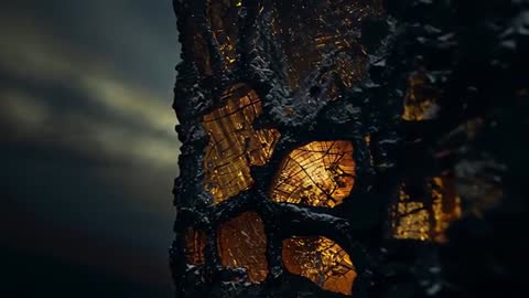 Glowing Charred Surface with Luminous Cavities in Smoky Interior