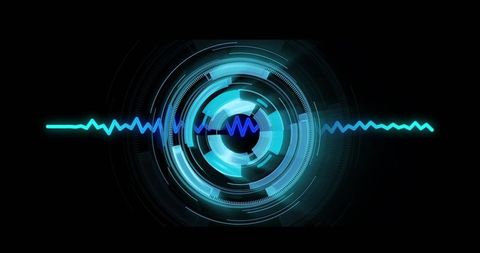 Futuristic interface with glowing neon waveform and segmented rings