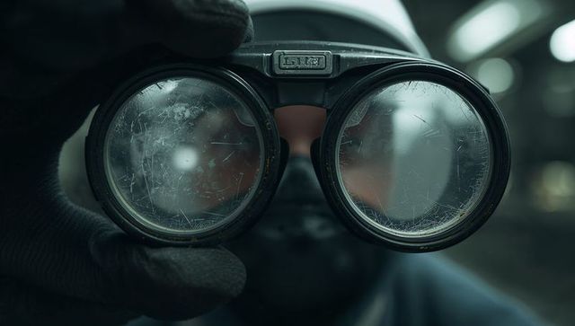 Worker holding scratched protective goggles in industrial workshop