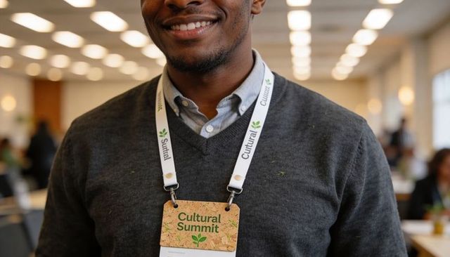 Smiling man wearing cultural summit badge and lanyard at conference networking event