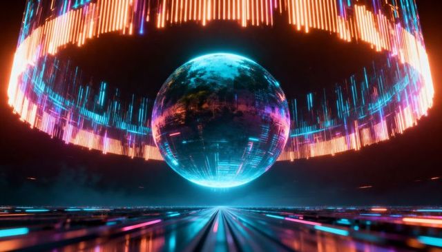 Hovering neon data orb in futuristic arena with glowing holographic ring and reflective floor