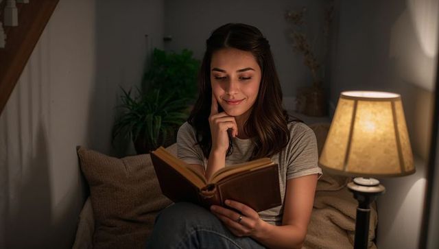 Young woman reading on cushioned daybed under warm lamp light, cozy nighttime relaxation