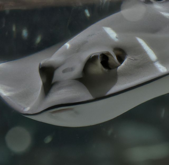 This depiction features a close-up view of a stingray in clear water, observable within an aquarium setting. The curious stingray is actively swimming, providing a detailed and intimate look at its features including its undersurface and facial structure. Perfect for themes involving sea life, aquatic environments, marine biology, or wildlife education. Ideal for educational materials, travel and tourism promotions, and editorial use discussing marine animals or aquarium exhibitions.