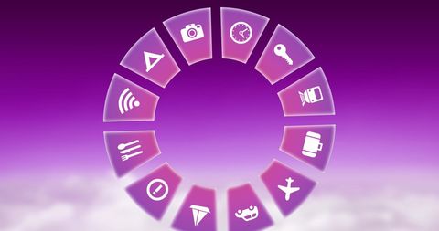 Digital Travel Interface with Rotating Icons on Gradient Pink Background - Download Free Stock Images Pikwizard.com