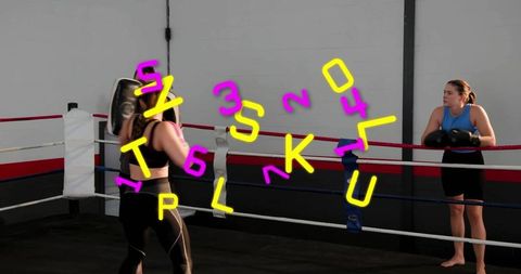 Female coach guiding sparring boxers in gym ring wearing headgear and gloves, teamwork training