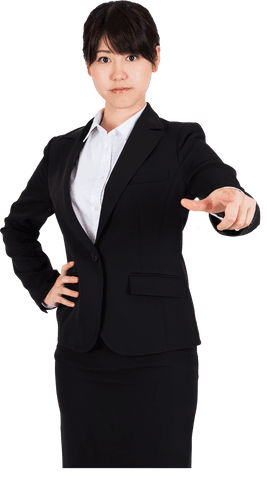 Confident Businesswoman in Suit Pointing with Determination on Transparent Background