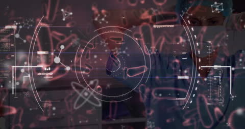 Doctor Analyzing Data with Futuristic Interface and Microbial Cells