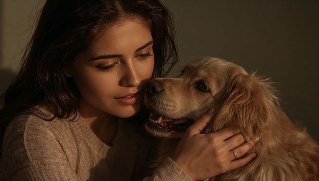 Warm intimate portrait of woman cuddling golden retriever in beige knit, soft golden light