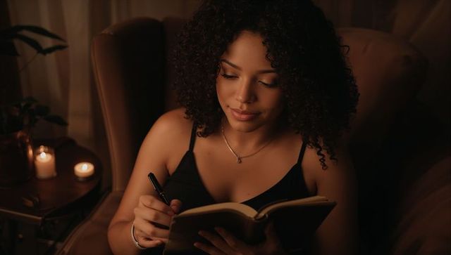 Journaling by candlelight: woman writing in cozy armchair for evening reflection
