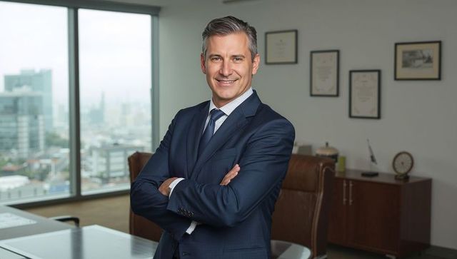 Confident executive standing in navy suit, crossing arms and smiling in modern office