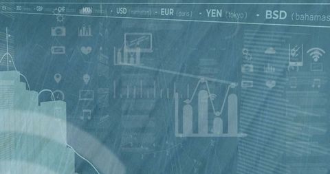 Financial data and digital analytics overlay on urban skyline