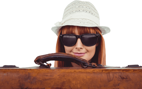 chic redhead woman with sunglasses behind vintage suitcase transparent - Download Free Stock Videos Pikwizard.com