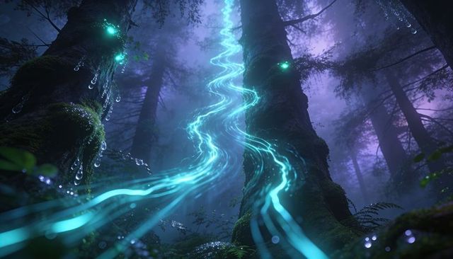 Bioluminescent turquoise energy ribbon winding up mossy trunk in misty ancient forest