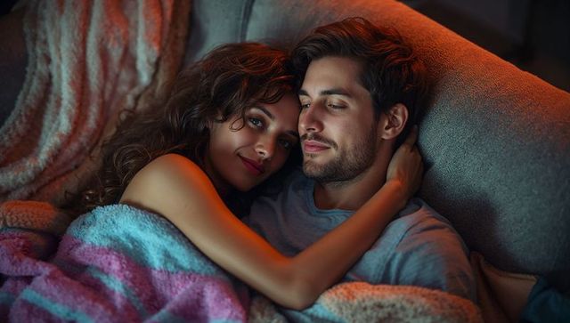 Cozy Couple Embracing Under Colorful Blanket on Couch