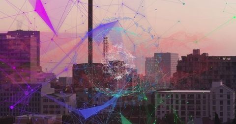 Futuristic digital network over city skyline at twilight