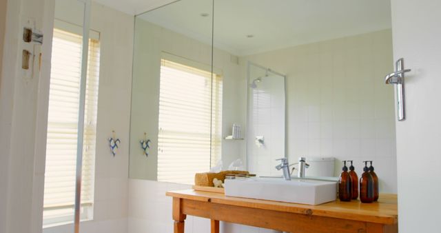 Minimalist Modern Bathroom Interior with Sink and Wooden Counter - Download Free Stock Images Pikwizard.com