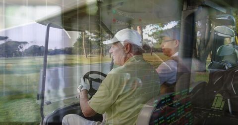Golfing Partners Driving Cart on Fairway with Stock Market Overlay