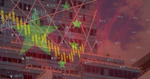 China Flag and Data Processing Overlay on Urban Skyline