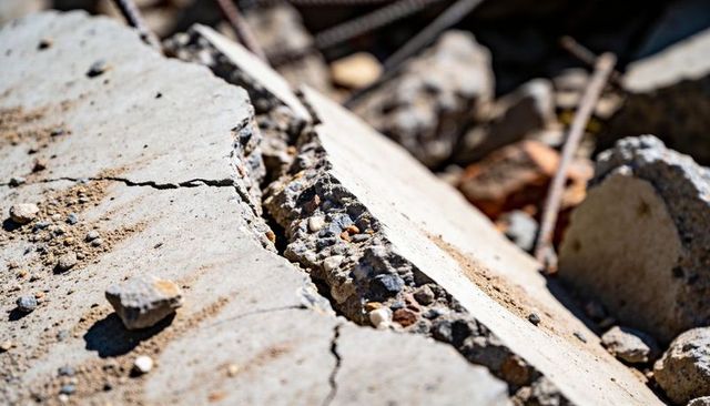 Cracked concrete slab revealing exposed aggregate and rusted rebar at demolition site