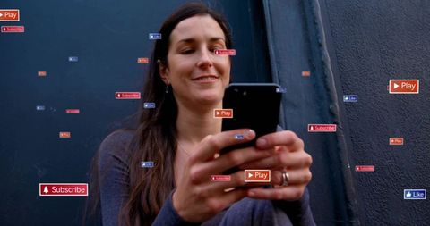 Woman Using Smartphone with Floating Social Media Notifications and Engagement Icons