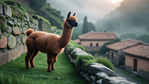Majestic brown llama on misty mountain retreat