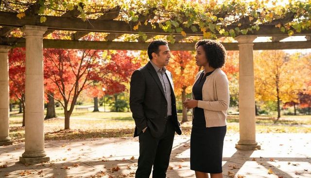 Business professionals talking in autumn park pergola with columns and fall foliage