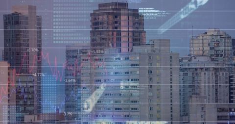 Financial graphs superimposed on urban skyscrapers reflecting global business trends