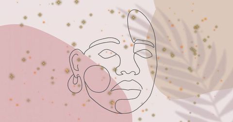 Minimalist continuous line portrait with pastel shapes, gold sparkle and hoop earring
