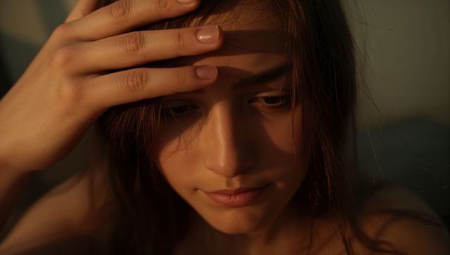 Intimate closeup portrait young woman holding hand to forehead in golden hour light