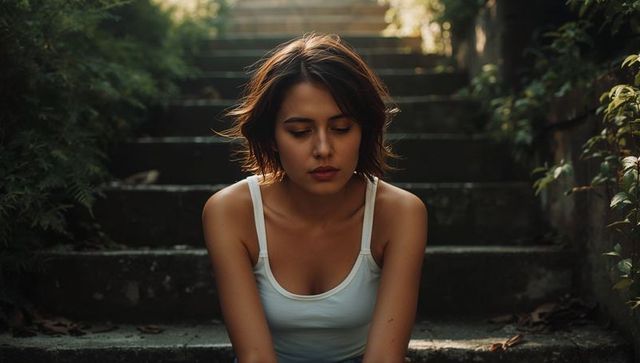 Contemplative young woman sitting on sunlit garden steps, backlit portrait, soft light