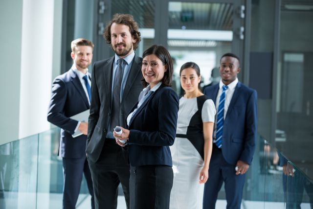 Group of confident business professionals standing together in a modern office environment. Ideal for use in corporate websites, business presentations, team-building materials, and promotional content highlighting teamwork and leadership.