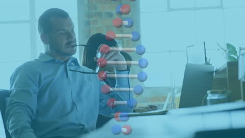 Male Office Worker Analyzing Data with Network Animation Overlay