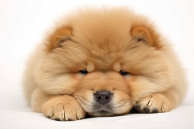 This image shows a fluffy Chow Chow puppy lying down, showcasing its soft fur and adorable features. Perfect for use in pet adoption websites, dog breeding promotions, veterinary services, and pet accessory advertisements.
