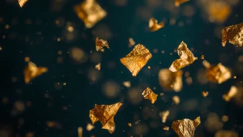 Drifting Gold Flakes Rotating in Teal Bokeh Cinematic Close-Up Motion