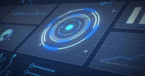 Futuristic HUD Interface Projecting Circular Radar Rings with Neon Blue Data Panels
