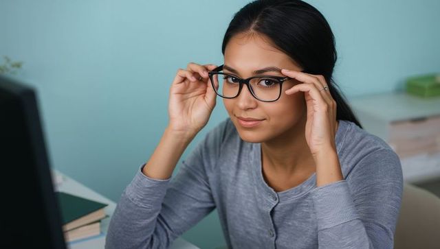 Asian teen adjusting glasses while studying at home desk with computer and teal wall